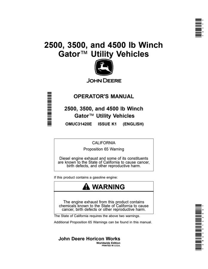 John Deere 2500, 3500, 4500 lb Winch Gator Utility Vehicle Operator manual OMUC31420E — actual manual cover