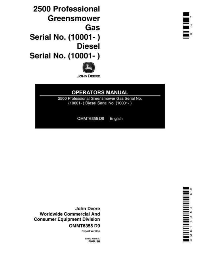 John Deere 2500 Professional Greensmower Operator's manual OMMT6355 — actual manual cover