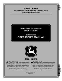 John Deere 2500A, 2500E Professional Greensmower Operator manual OMTCU21258 — actual manual cover