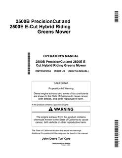 John Deere 2500B, 2500E Riding Greens Mower Operator Manual OMTCU29194 — actual manual cover