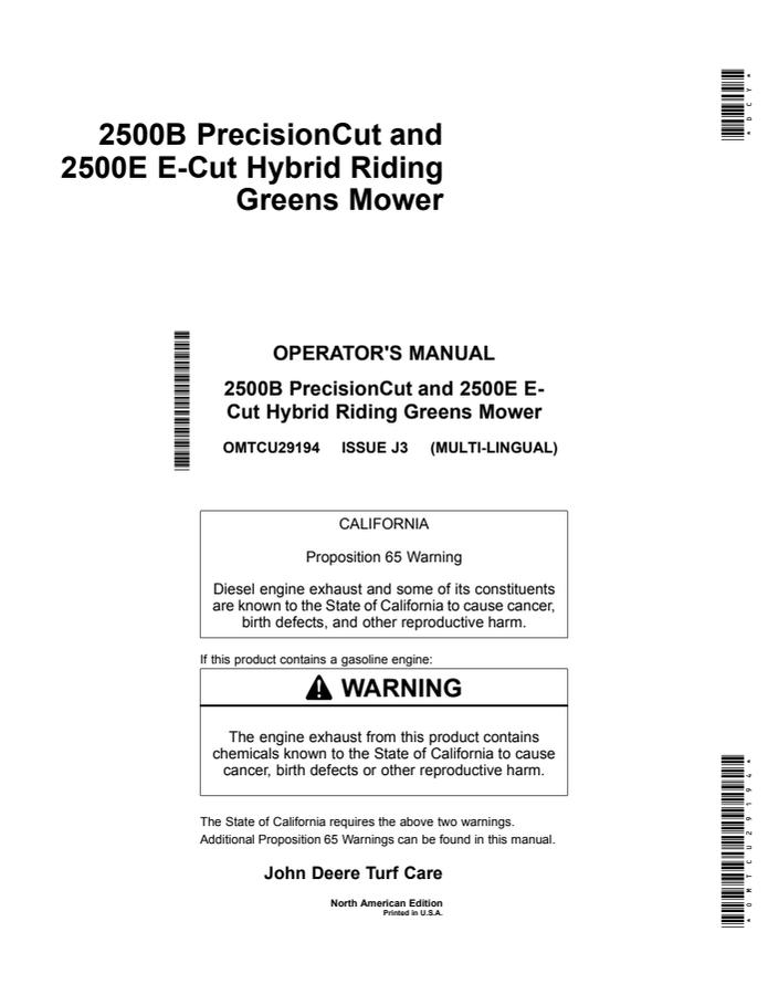 John Deere 2500B PrecisionCut, 2500E E-Cut Hybrid Riding Greens Mower Operator manual OMTCU29194 — actual manual cover