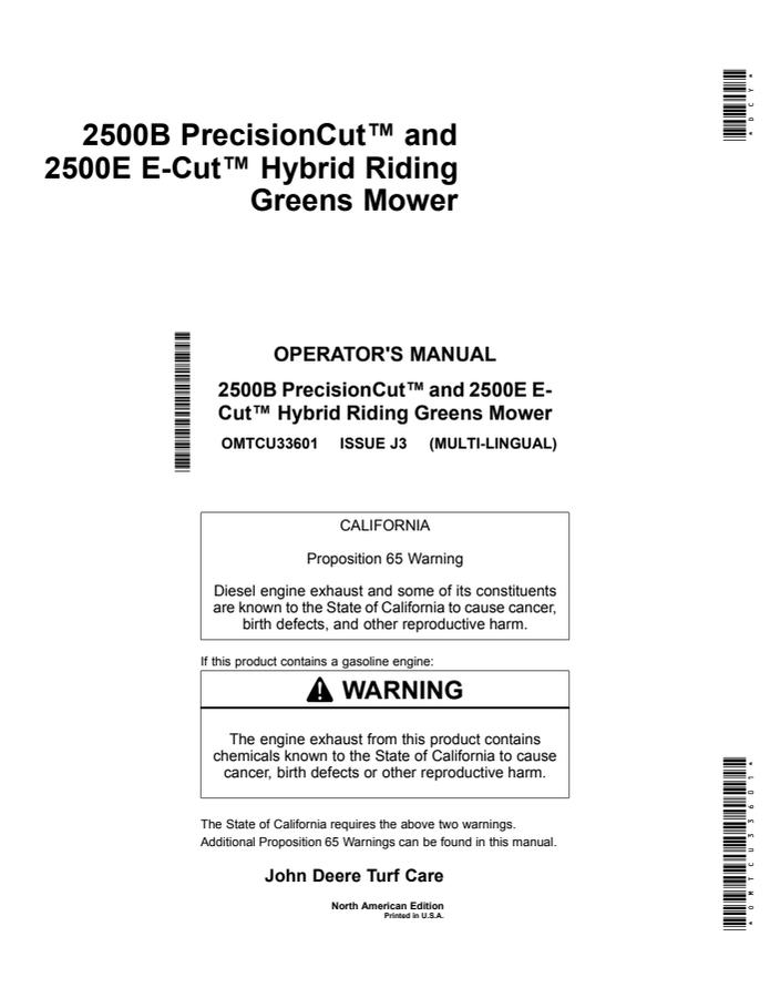 John Deere 2500B PrecisionCut, 2500E E-Cut Hybrid Riding Greens Mower Operator manual OMTCU33601 — actual manual cover