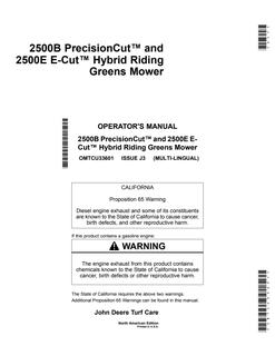 John Deere 2500B PrecisionCut, 2500E E-Cut Hybrid Riding Greens Mower Operator manual OMTCU33601 — actual manual cover