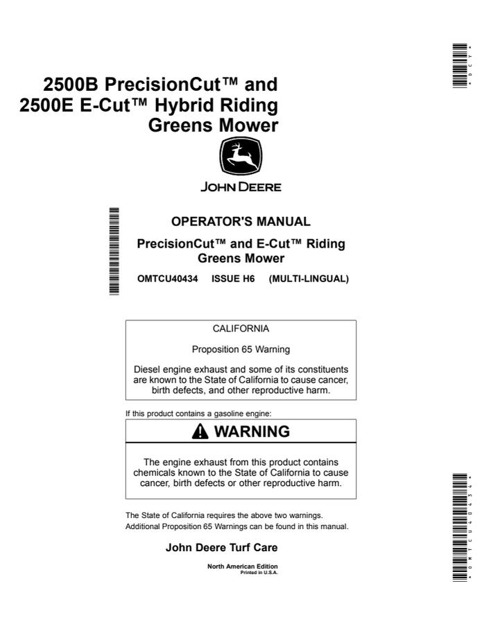John Deere 2500B PrecisionCut, 2500E E-Cut Hybrid Riding Greens Mower Operator manual OMTCU40434 — actual manual cover