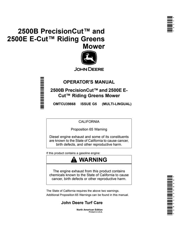 John Deere 2500B PrecisionCut, 2500E E-Cut Riding Greens Mower Operator manual OMTCU39868 — actual manual cover