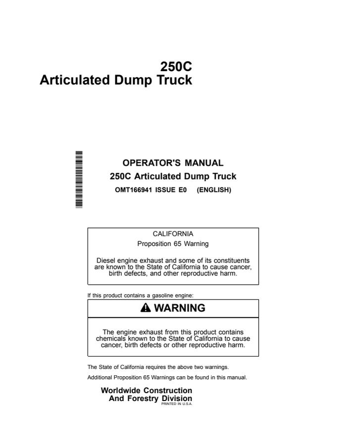 John Deere 250C Articulated Dump Truck Operator manual OMT166941 — actual manual cover