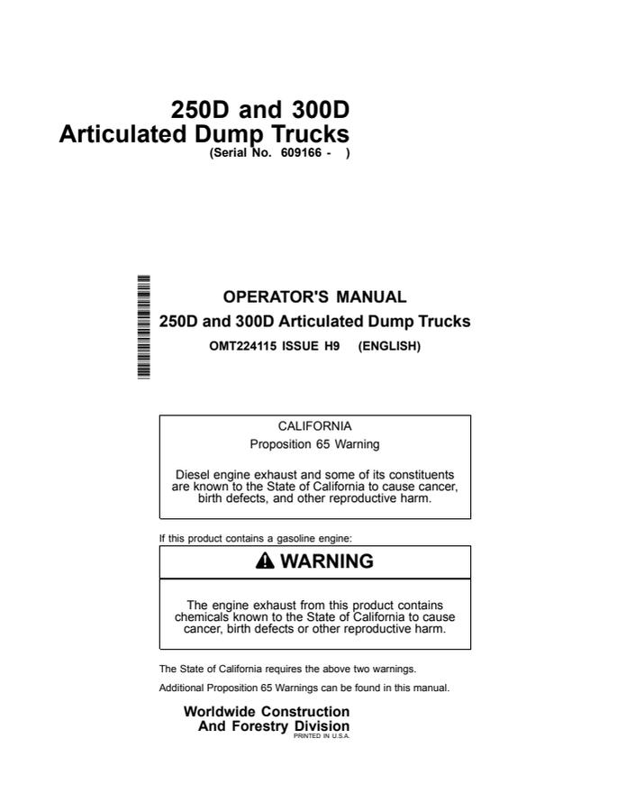 John Deere 250D, 300D Articulated Dump Truck Operator manual OMT224115 — actual manual cover