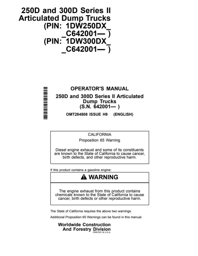John Deere 250D, 300D Series II Articulated Dump Truck Operator manual OMT284808 — actual manual cover