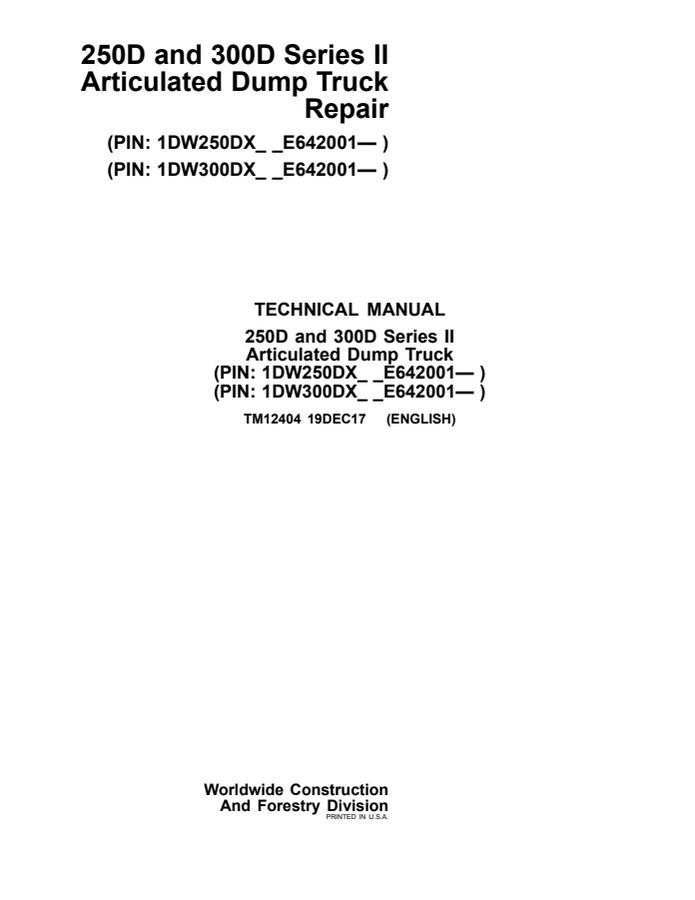 John Deere 250D and 300D Series II Articulated Dump Truck Repair Technical Manual (TM12404) — actual manual cover