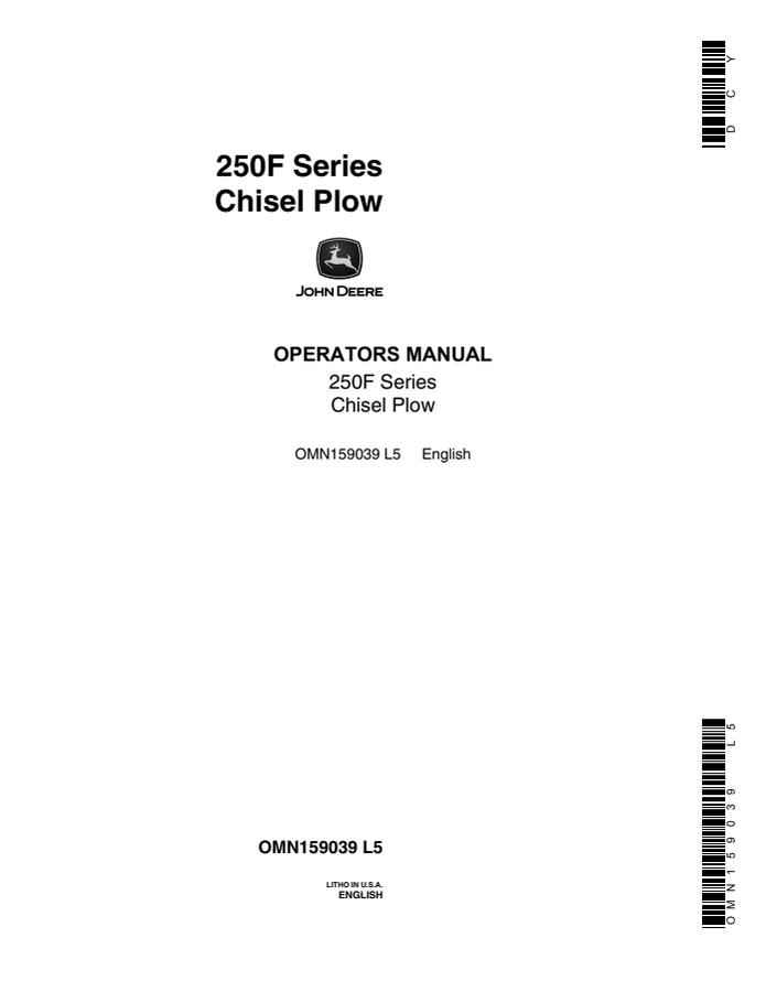 John Deere 250F Series Chisel Plow Operator manual OMN159039 — actual manual cover