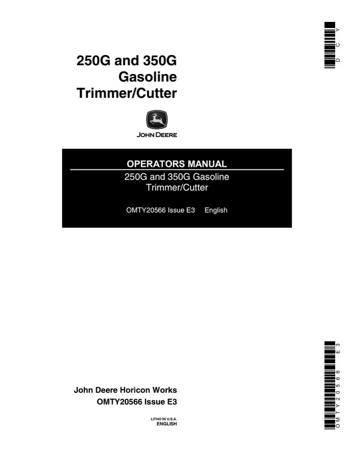 John Deere 250G, 350G Gasoline Trimmer/Cutter Operator manual OMTY20566 — actual manual cover