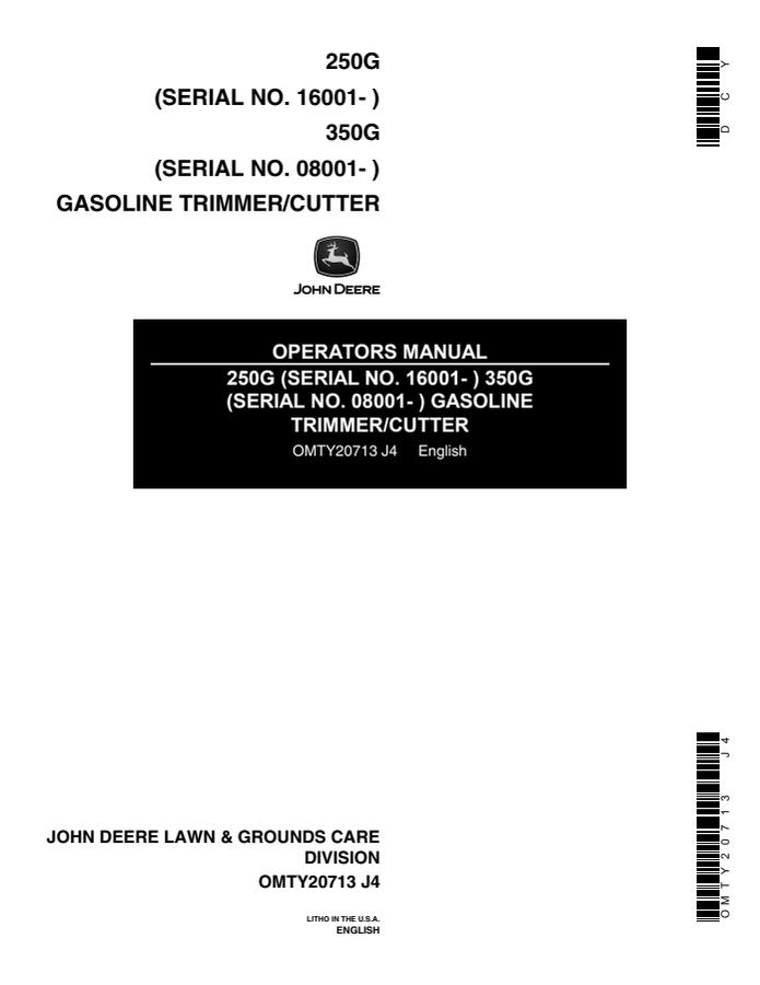 John Deere 250G, 350G Gasoline Trimmer/Cutter Operator manual OMTY20713 — actual manual cover