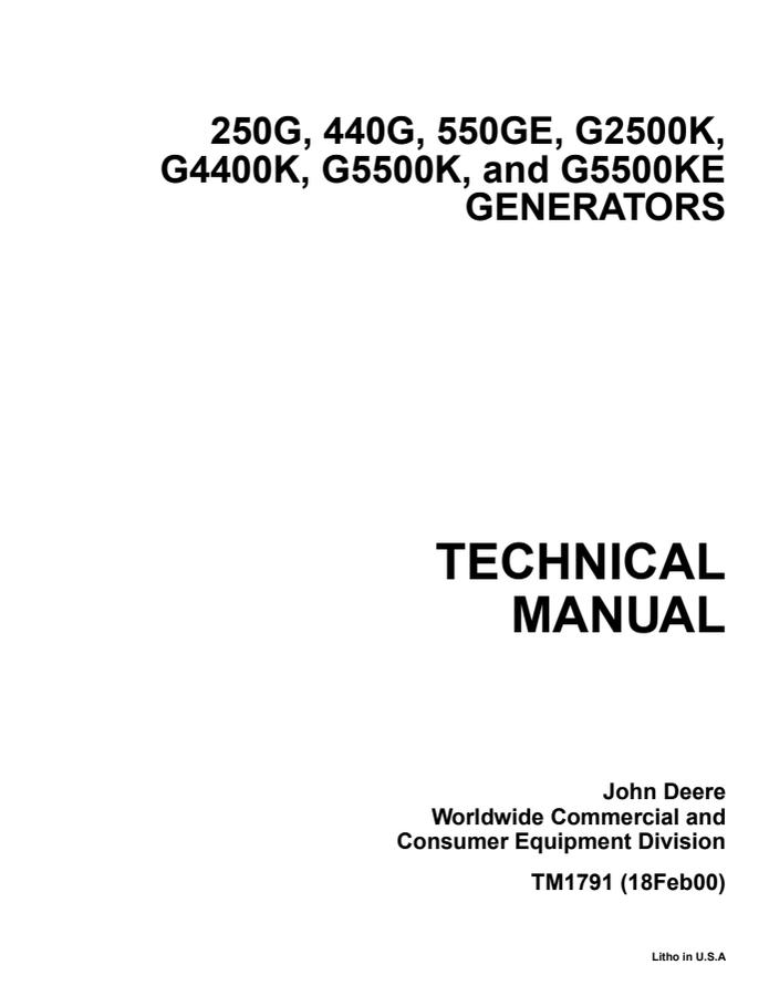 John Deere 250G, 440G, 550GE, G2500K, G4400K, G5500K, G5500KE Generator Technical manual TM1791 — actual manual cover