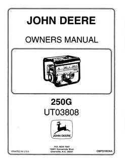 John Deere 250G UT03808 Generator Owner manual OMPS19836A — actual manual cover