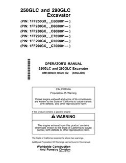 John Deere 250GLC, 290GLC Excavator Operator manual OMT289049 — actual manual cover