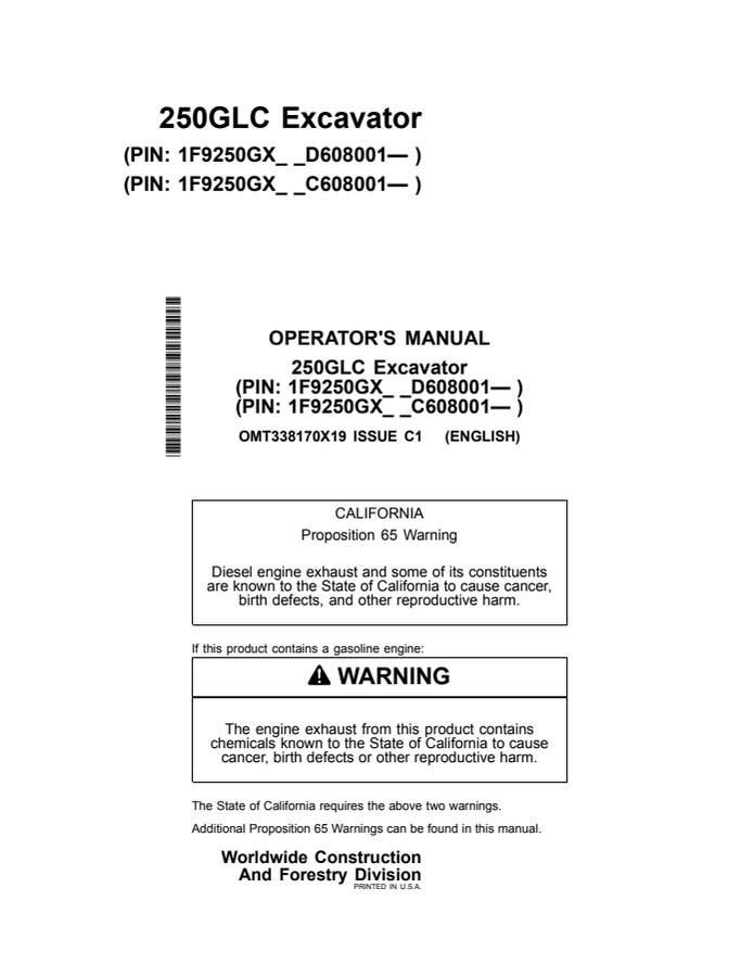 John Deere 250GLC Excavator Operator manual OMT338170X19 — actual manual cover