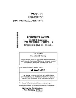 John Deere 250GLC Excavator Operator manual OMT351369X19 — actual manual cover