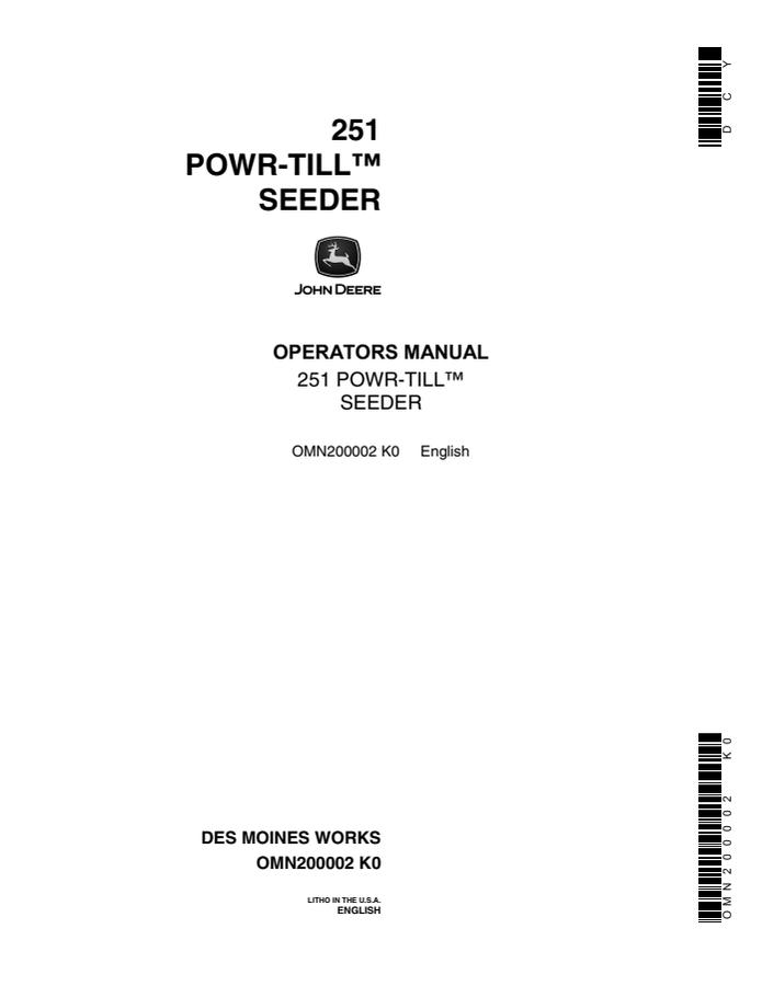 John Deere 251 Powr-Till Seeder Operator manual OMN200002 — actual manual cover