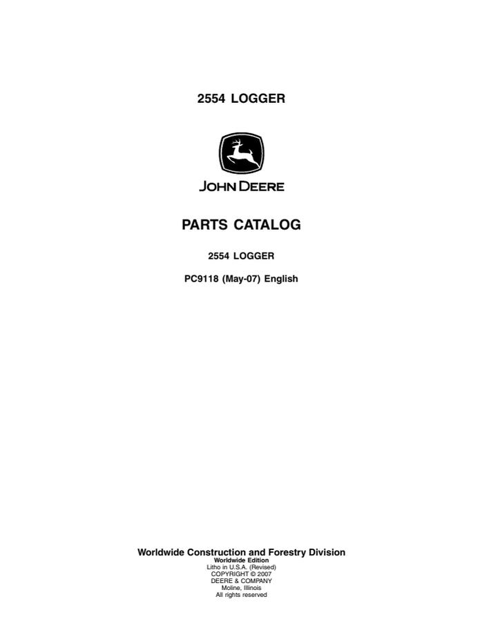 John Deere 2554 Logger Parts Catalog PC9118 — actual manual cover
