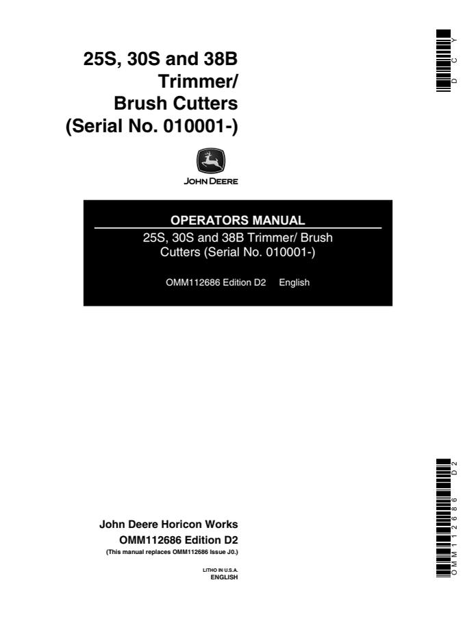 John Deere 25S, 30S, 38B Trimmer/Brush Cutter Operator manual OMM112686 — actual manual cover