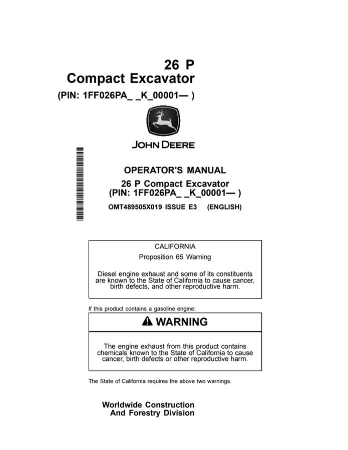 John Deere 26 P Compact Excavator Operator manual OMT489505X01 — actual manual cover