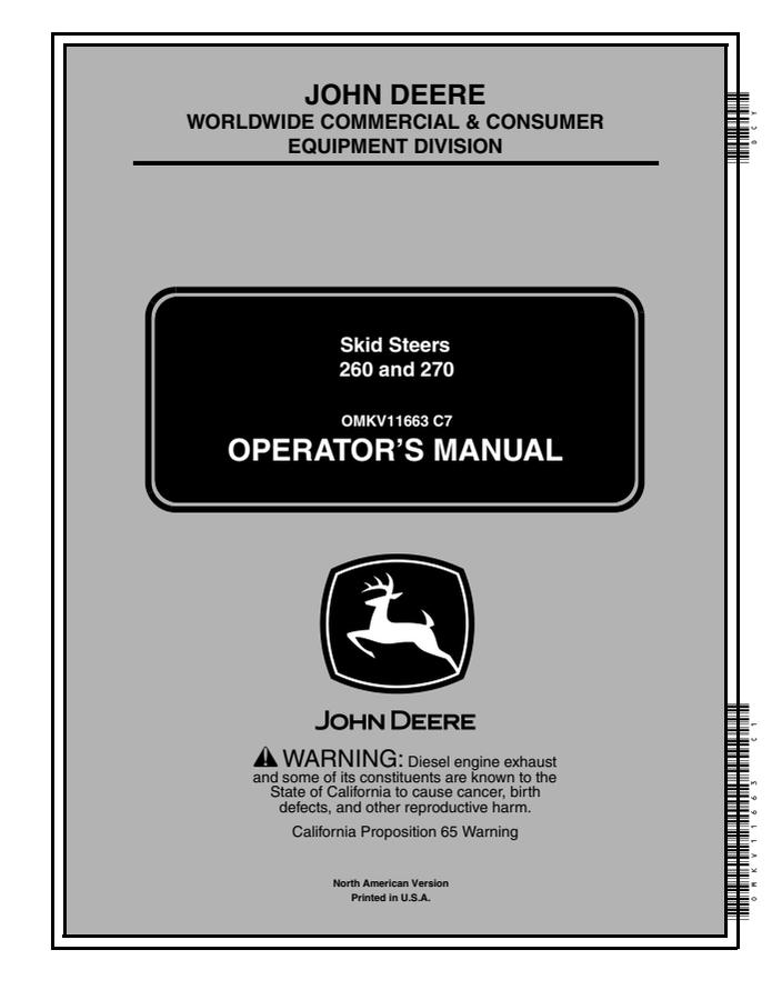 John Deere 260, 270 Skid Steer Operator manual OMKV11663 — actual manual cover