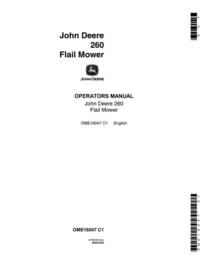John Deere 260 Flail Mower Operator manual OME16047 — actual manual cover