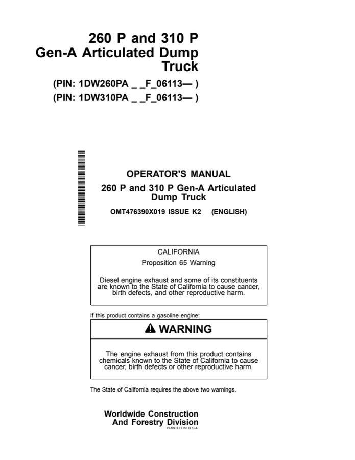 John Deere 260 P, 310 P Gen-A Articulated Dump Truck Operator manual OMT476390X01 — actual manual cover