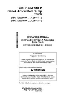 John Deere 260 P, 310 P Gen-A Articulated Dump Truck Operator manual OMT476390X01 — actual manual cover