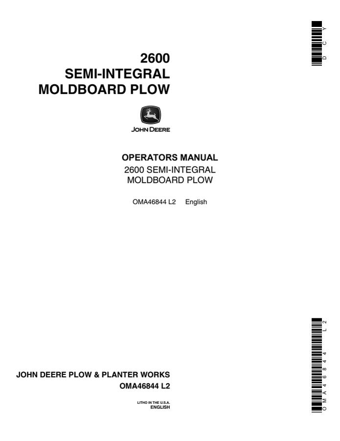 John Deere 2600 Semi-Integral Moldboard Plow Operator manual OMA46844 — actual manual cover