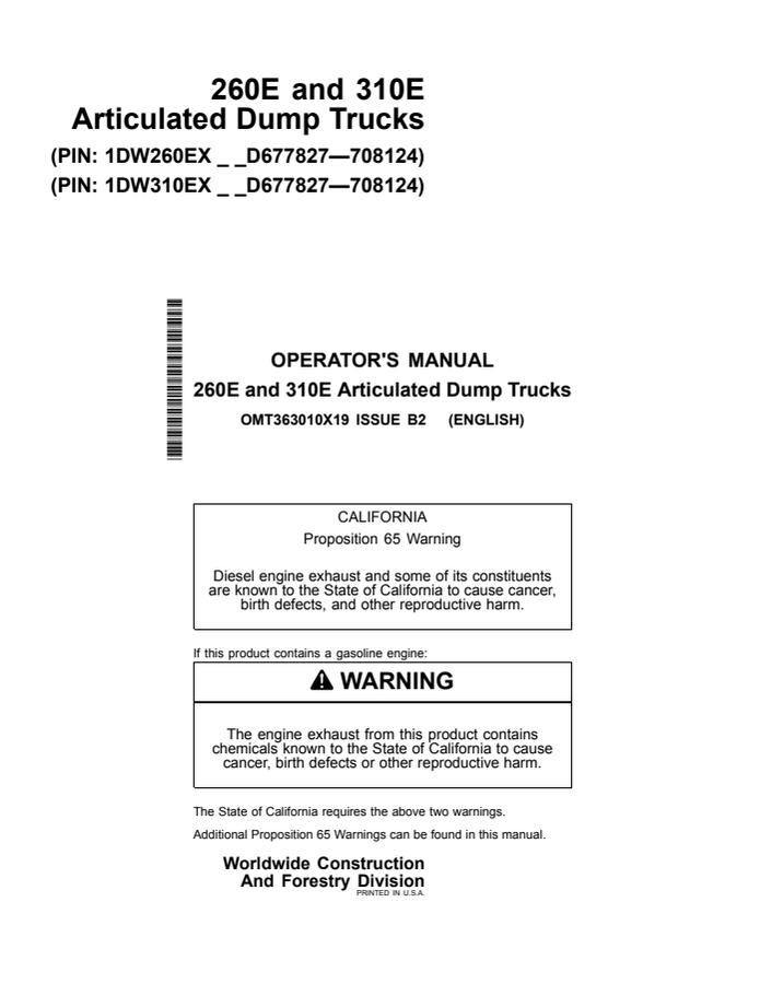 John Deere 260E, 310E Articulated Dump Truck Operator manual OMT363010X19 — actual manual cover