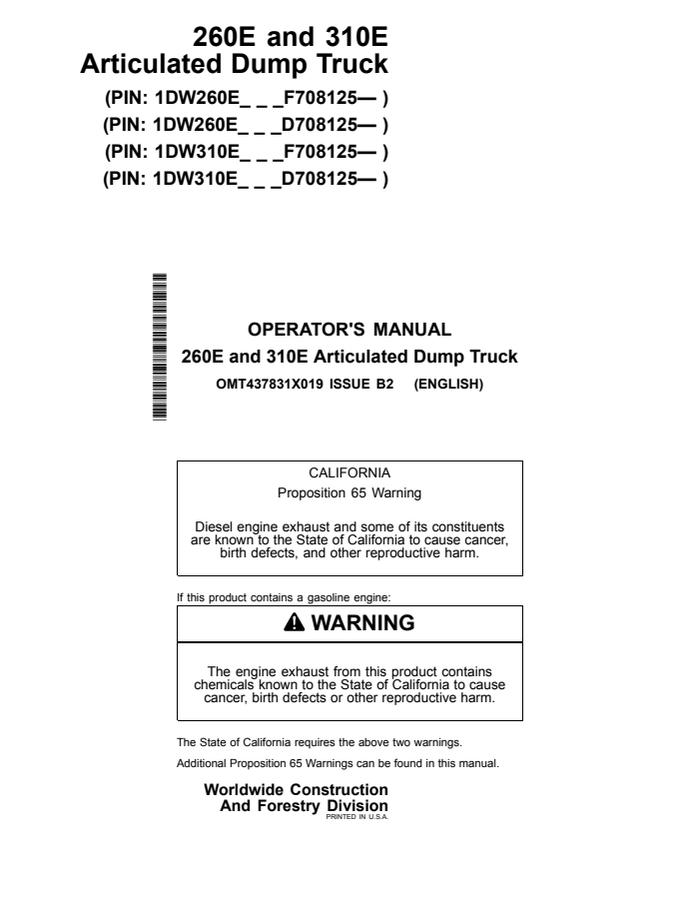 John Deere 260E, 310E Articulated Dump Truck Operator manual OMT437831X01 — actual manual cover