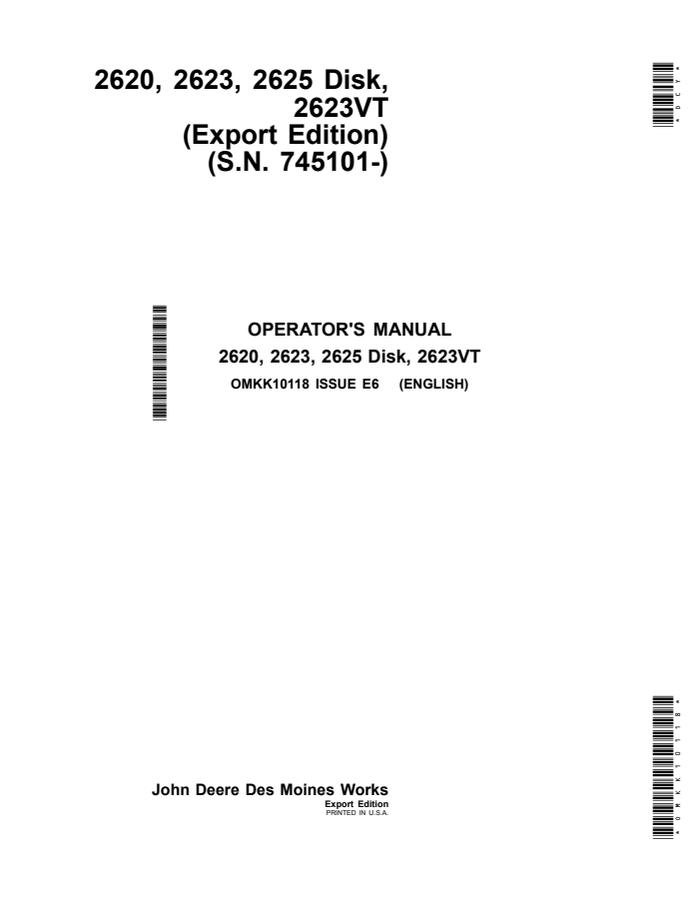 John Deere 2620, 2623, 2625 Disk, 2623VT Disk Operator manual OMKK10118 — actual manual cover