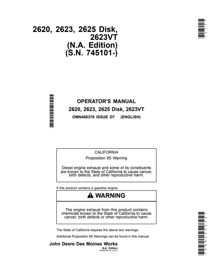 John Deere 2620, 2623, 2625 Disk, 2623VT Disk Operator manual OMN400370 — actual manual cover