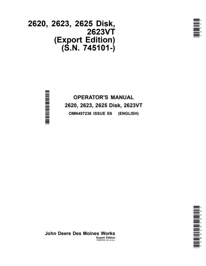 John Deere 2620, 2623, 2625 Disk, 2623VT Disk Operator manual OMN407236 — actual manual cover