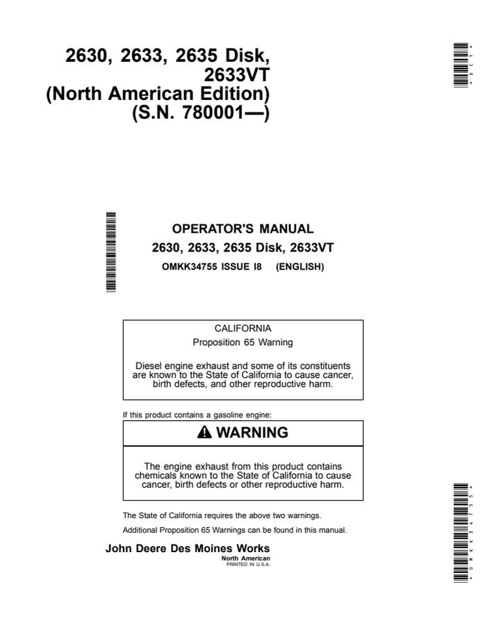 John Deere 2630, 2633, 2635 Disk, 2633VT Disk Operator manual OMKK34755 — actual manual cover