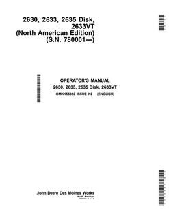 John Deere 2630, 2633, 2635 Disk, 2633VT Disk Operator manual OMKK55082 — actual manual cover