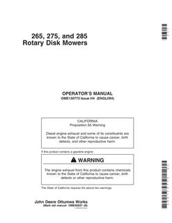 John Deere 265, 275, 285 Rotary Disk Mower Operator manual OME130772 — actual manual cover