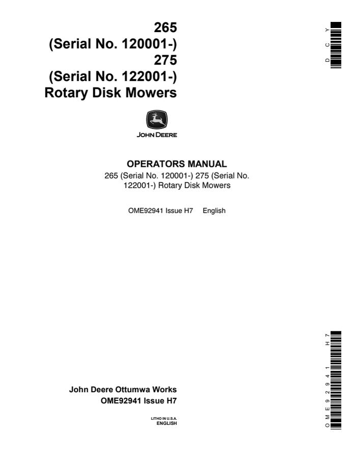 John Deere 265, 275 Rotary Disk Mower Operator manual OME92941 — actual manual cover