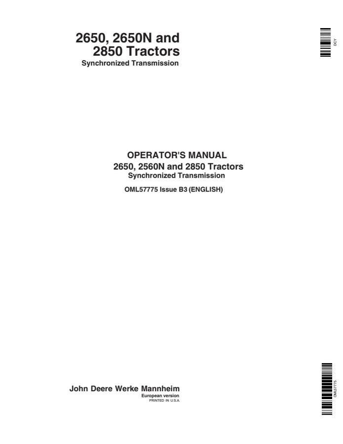 John Deere 2650, 2650N, 2850 Tractor Operator manual OML57775 — actual manual cover