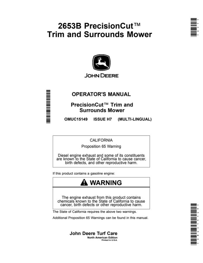 John Deere 2653B PrecisionCut Trim and Surrounds Mower Operator manual OMUC15149 — actual manual cover