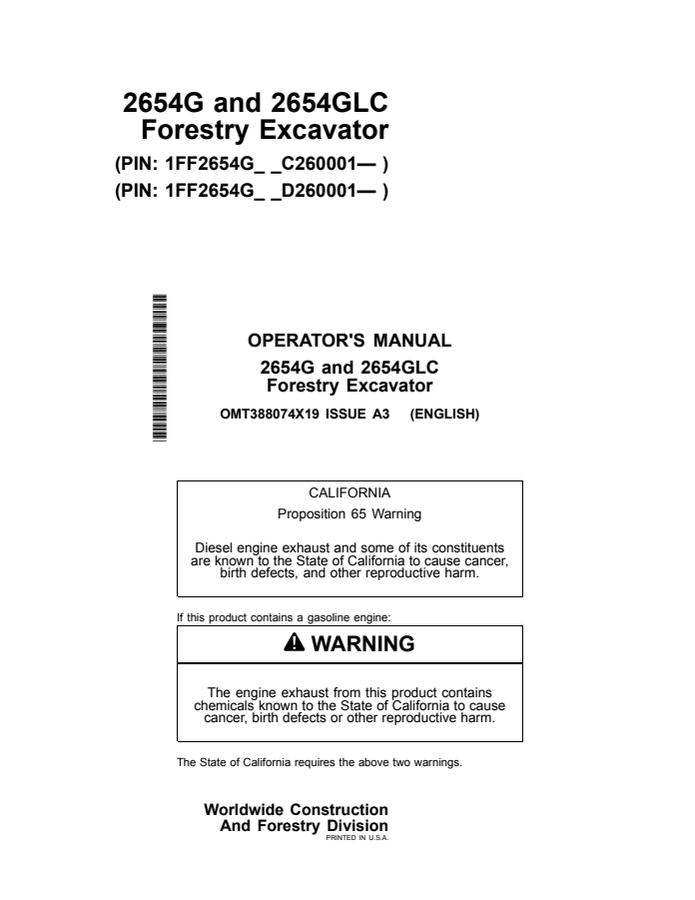 John Deere 2654G, 2654GLC Forestry Excavator Operator manual OMT388074X19 — actual manual cover