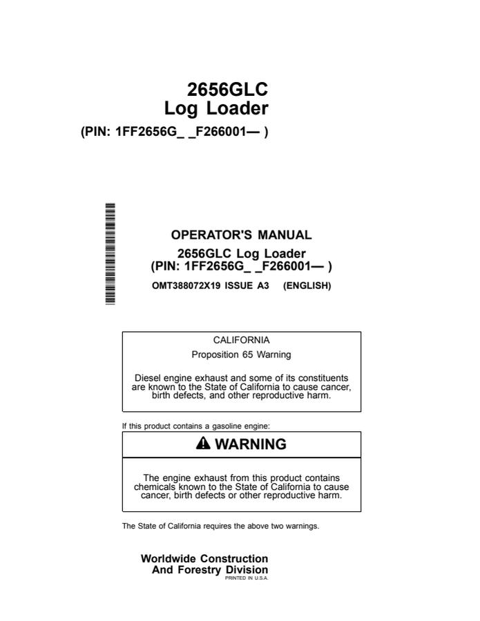 John Deere 2656GLC Log Loader Operator manual OMT388072X19 — actual manual cover