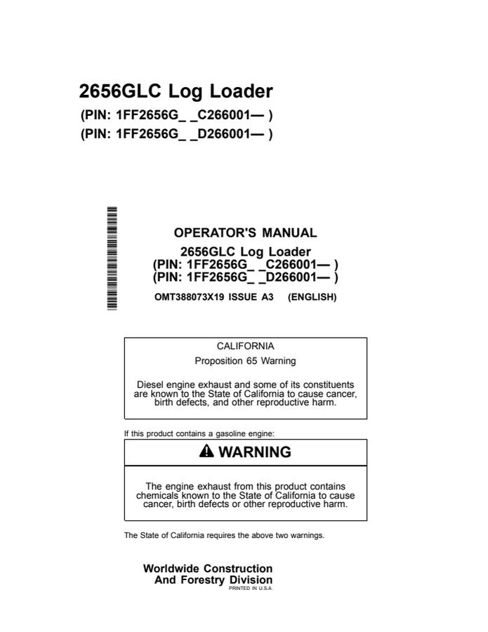 John Deere 2656GLC Log Loader Operator manual OMT388073X19 — actual manual cover