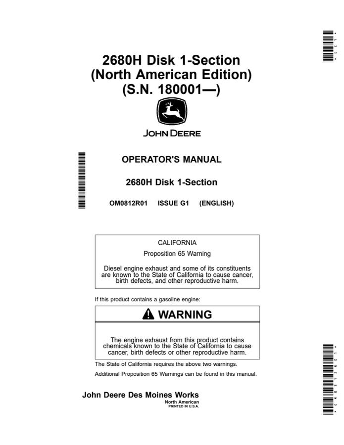 John Deere 2680H Disk 1-Section Operator manual OM0812R01 — actual manual cover