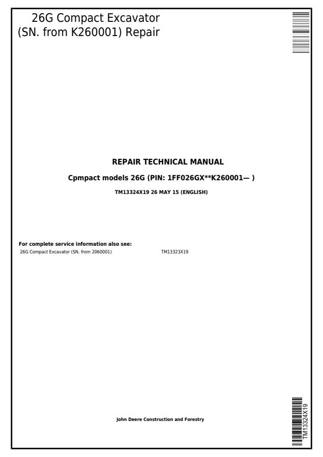 John Deere 26G Compact Excavator Repair Technical Manual (TM13324X19) — actual manual cover