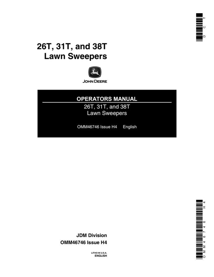 John Deere 26T, 31T, 38T Lawn Sweeper Operator manual OMM46746 — actual manual cover