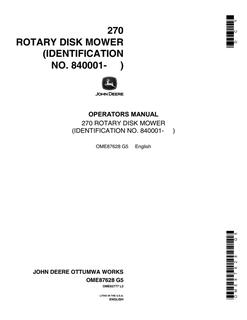 John Deere 270 Rotary Disk Mower Operator manual OME87628 — actual manual cover