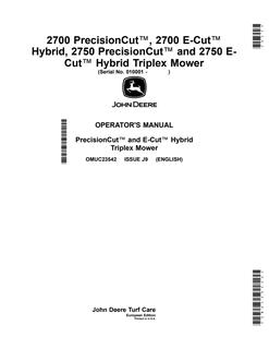 John Deere 2700, 2750 PrecisionCut and E-Cut Hybrid Triplex Mower Operator manual OMUC23542 — actual manual cover