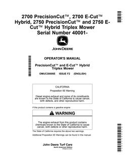John Deere 2700, 2750 PrecisionCut and E-Cut Hybrid Triplex Mower Operator manual OMUC30005E — actual manual cover